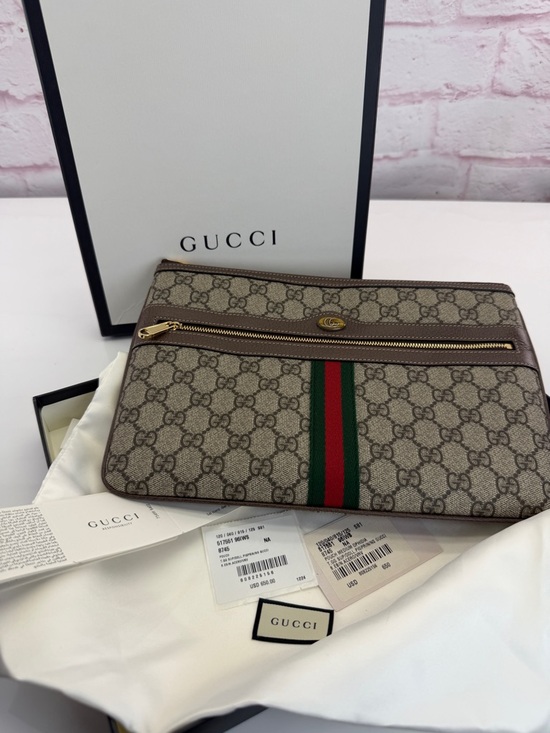 Gucci Handbags - Gucci GG Supreme Ophidia Canvas Pouch Clutch with Web Stripe - Brown/Tan